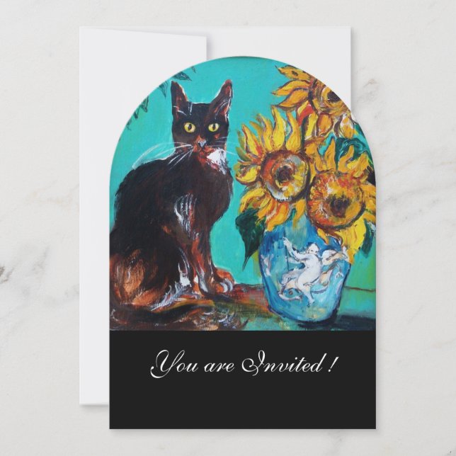 SONNENBLUMEN UND SCHWARZE KATZE IM AQUAMARINEN Par Einladung (Vorderseite)