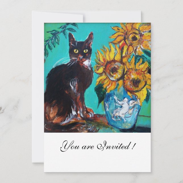 SONNENBLUMEN UND SCHWARZE KATZE IM AQUAMARINEN Par Einladung (Vorderseite)