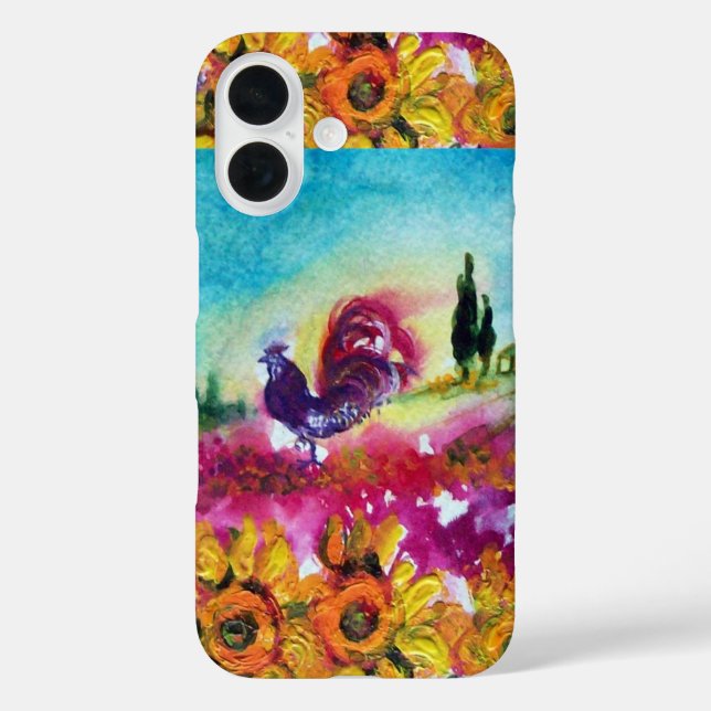 SONNENBLUMEN UND SCHWARZE ROOSTER IN DER TUSKANISC iPhone 16 HÜLLE (Rückseite)