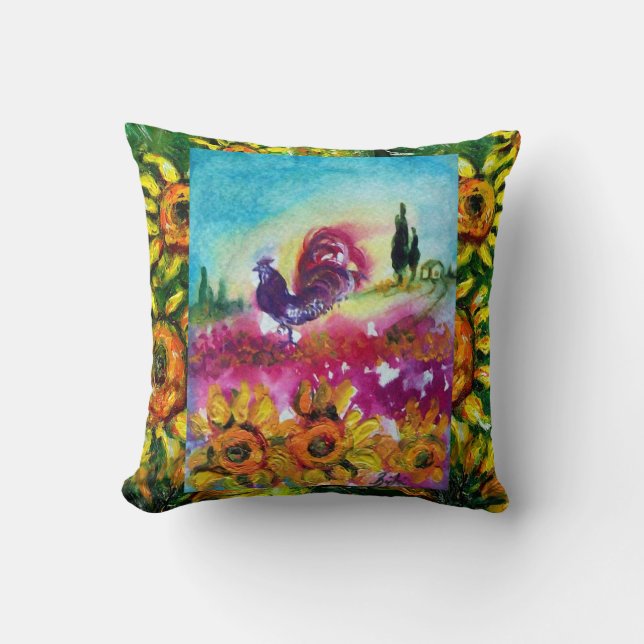 SONNENBLUMEN UND SCHWARZE ROOSTER KISSEN (Vorderseite)
