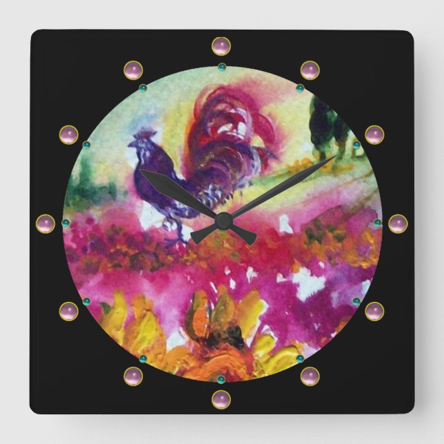 SONNENBLUMEN UND SCHWARZE ROOSTER QUADRATISCHE WANDUHR (Vorderseite)