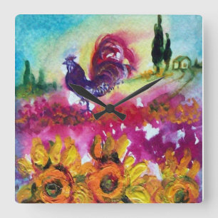 SONNENBLUMEN UND SCHWARZE ROOSTER QUADRATISCHE WANDUHR