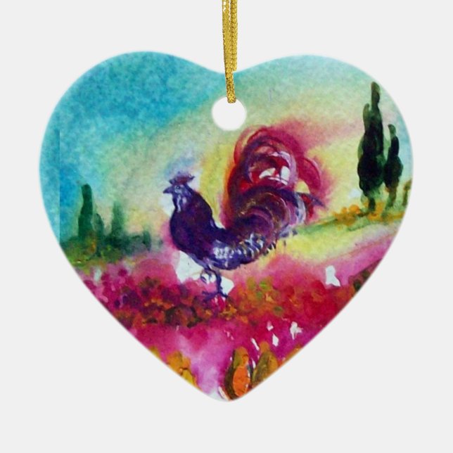 SONNENBLUMEN UND SCHWARZES ROOSTER HERZ KERAMIK ORNAMENT (Vorne)