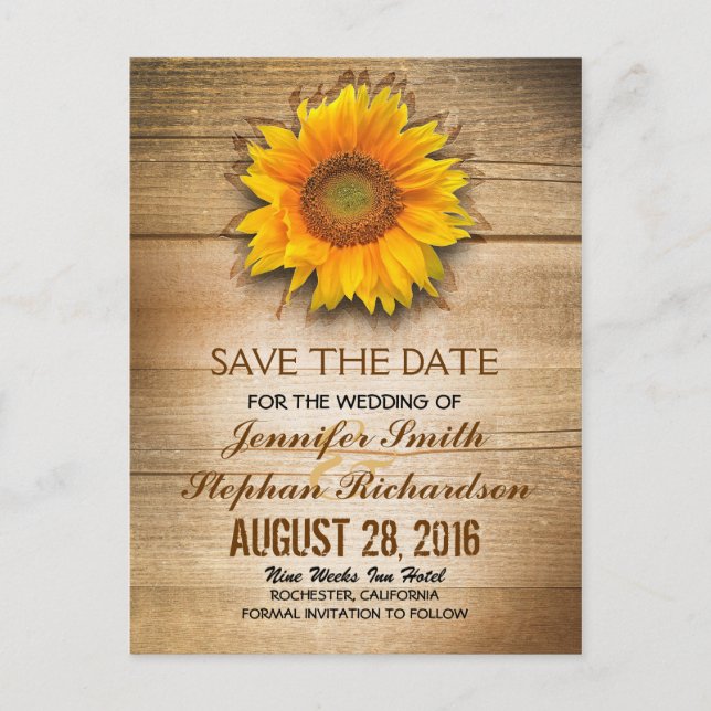 Sonnenblumen und Stallholz Save the Date Ankündigungspostkarte (Vorderseite)