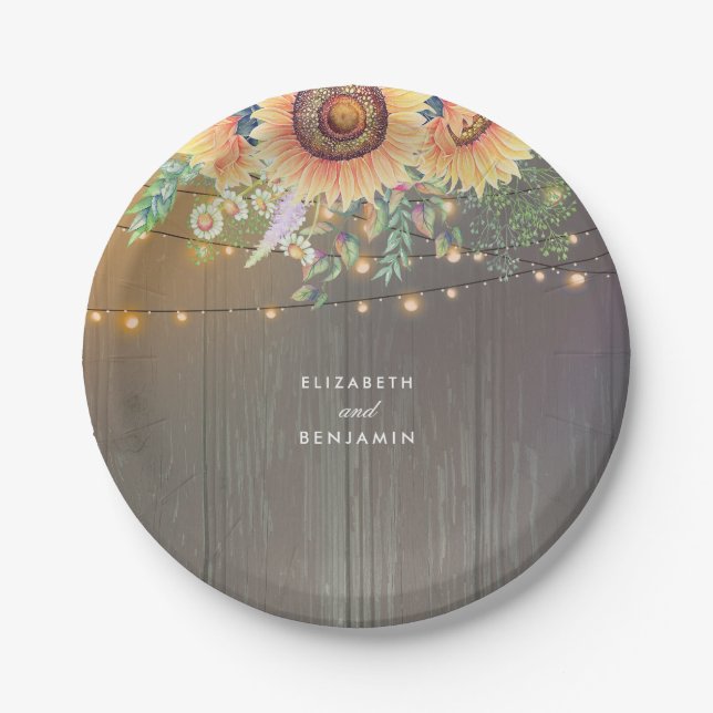 Sonnenblumen und Streichelleuchten Rustikaler Stal Pappteller (Vorderseite)