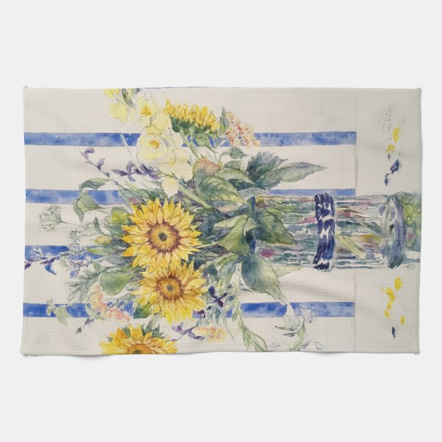 Sonnenblumen und Streifen Geschirrtuch (Horizontal)
