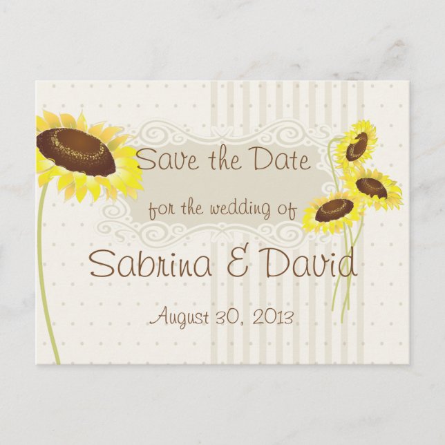Sonnenblumen und Streifen Save the Date Ankündigungspostkarte (Vorderseite)
