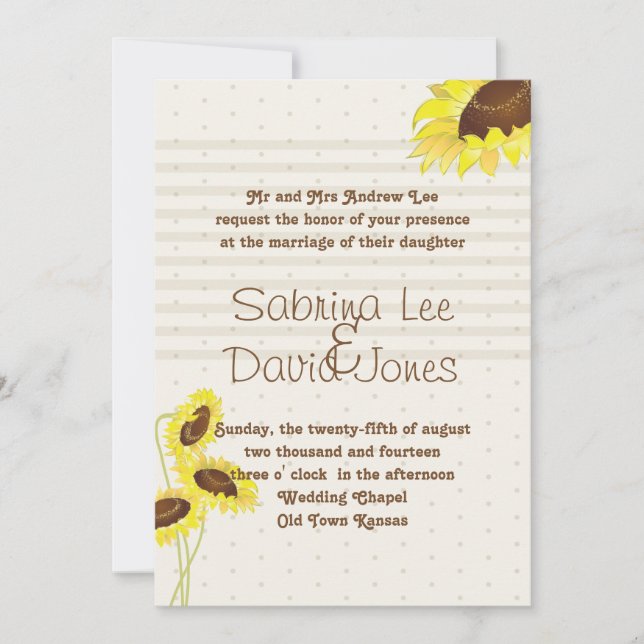 Sonnenblumen und Streifen zum Hochzeitsempfang Einladung (Vorderseite)