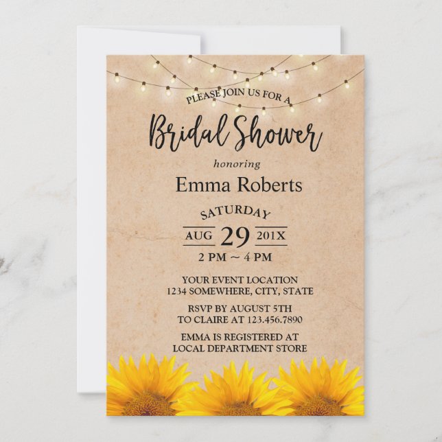 Sonnenblumen und String Lights Kraft Brautparty Einladung (Vorderseite)