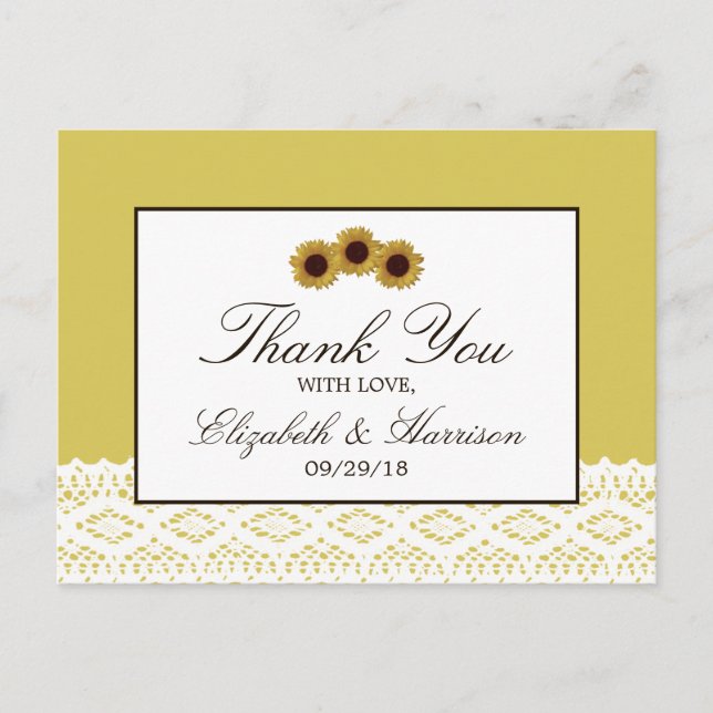 Sonnenblumen und Vintage Hochzeit Dankeschön Postkarte (Vorderseite)