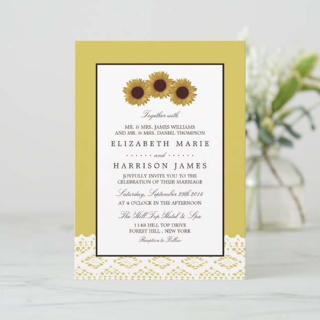 Sonnenblumen und Vintage Hochzeit Einladung (Stehend Vorderseite)