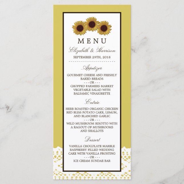 Sonnenblumen und Vintages Hochzeitsmenü Menükarte (Vorderseite)