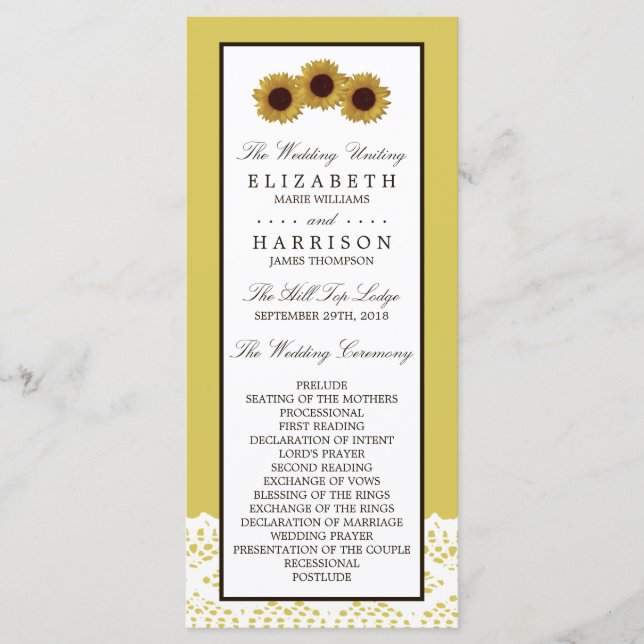 Sonnenblumen und Vintages Hochzeitsprogramm Programm (Vorderseite)