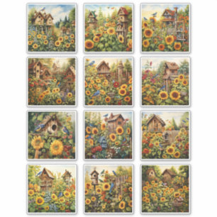 Sonnenblumen und Vogelhäuser Garten 2 Aufkleber