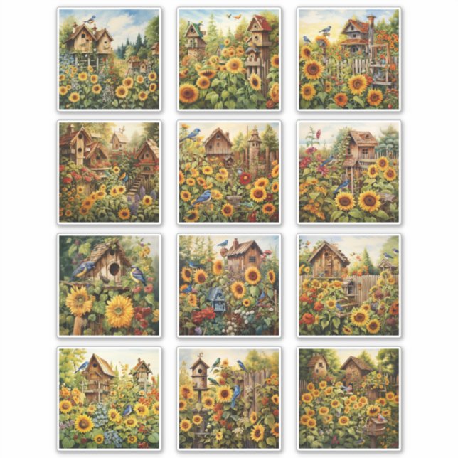 Sonnenblumen und Vogelhäuser Garten 2 Aufkleber (Vorderseite)