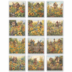 Sonnenblumen und Vogelhäuser Garten Aufkleber