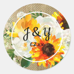 Sonnenblumen und Weißrosen Monogramm Danke - Burla Runder Aufkleber