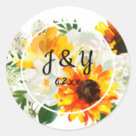 Sonnenblumen und Weißrosen Monogramm Danke Runder Aufkleber