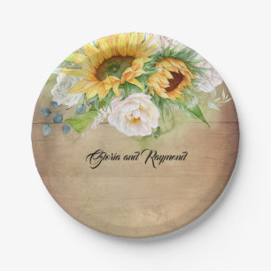 Sonnenblumen und Weißrosen Rustikaler Fall Pappteller