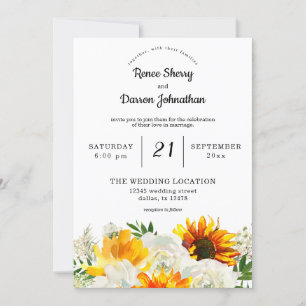 Sonnenblumen- und Weißrosenblütenhochzeit Einladung