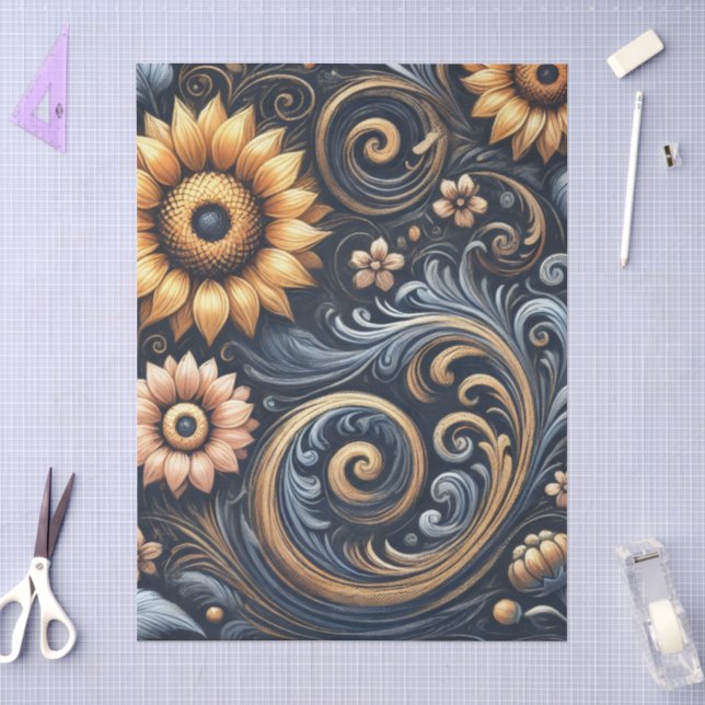 Sonnenblumen und Wirbel Navy Blue Gold Decoupage Seidenpapier (Basteln)