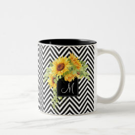 Sonnenblumen und Zickzack Streifen mit Monogramm Zweifarbige Tasse