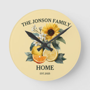 Sonnenblumen und Zitrusfamiliendesign Runde Wanduhr