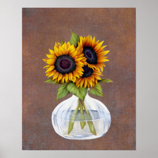Sonnenblumen-Vase auf dem rustikal-braunen Poster