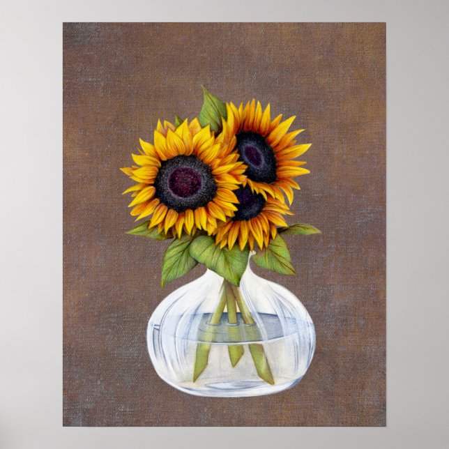 Sonnenblumen-Vase auf dem rustikal-braunen Poster (Vorne)