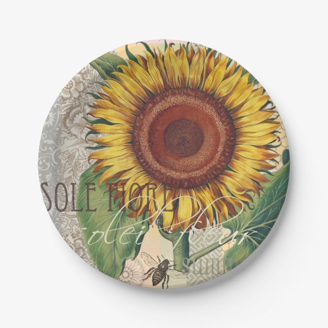 Sonnenblumen Vintag Damask Blume Art Pappteller (Vorderseite)