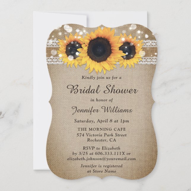 Sonnenblumen Vintag Rustikales Burlap Lace Brautpa Einladung (Vorderseite)