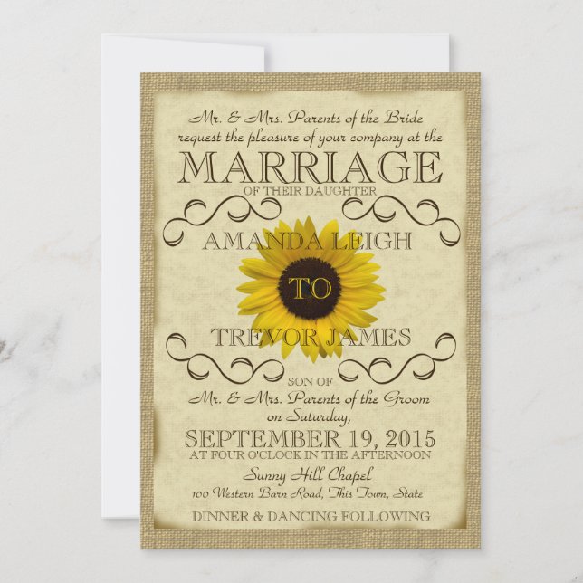 Sonnenblumen Vintage Typografie Hochzeit Einladung (Vorderseite)