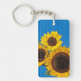 Sonnenblumen vor blauem Zaun Schlüsselanhänger