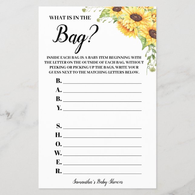 Sonnenblumen Was ist in der Bag Baby Shower Game K Flyer (Vorne)