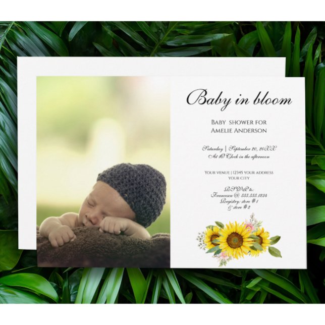 Sonnenblumen Wasserfarbe Rosa Foto Baby Einladung (Baby in bloom -  BABY SHOWER WITH SUNFLOWER)
