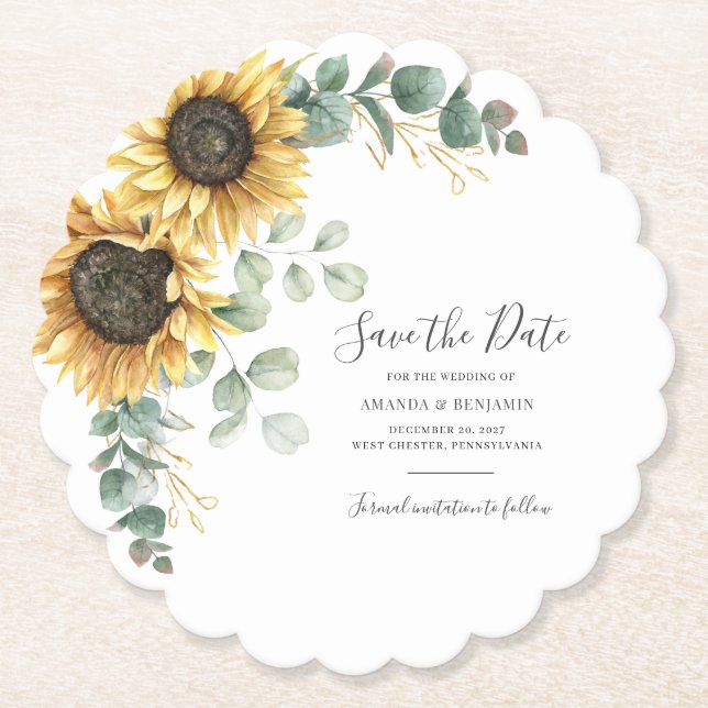 Sonnenblumen Wasserfarbe Save the Date Untersetzer (Vorderseite)