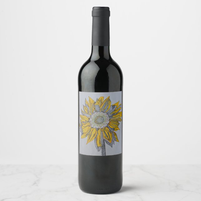 Sonnenblumen, Weinflaschen, Kunstwerk, Gelbe Kunst Weinetikett (Vorderseite)