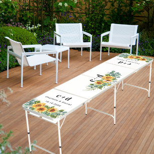 Sonnenblumen Weiß, elegante Monogramm Hochzeit Beer Pong Tisch