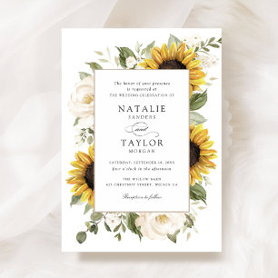 Sonnenblumen Weiße Blumen Grünzeug Rahmen Hochzeit Einladung
