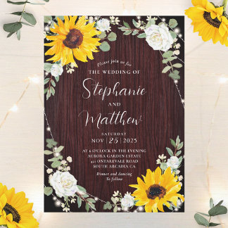 Sonnenblumen Weiße Rosen Lights Hochzeit Holz Einladung