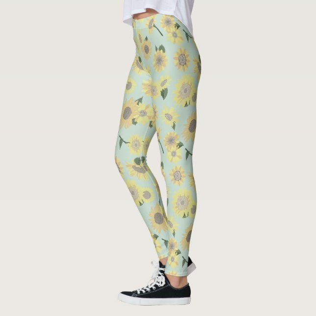 Sonnenblumen weißgelb auf blauem Muster Leggings (Links)