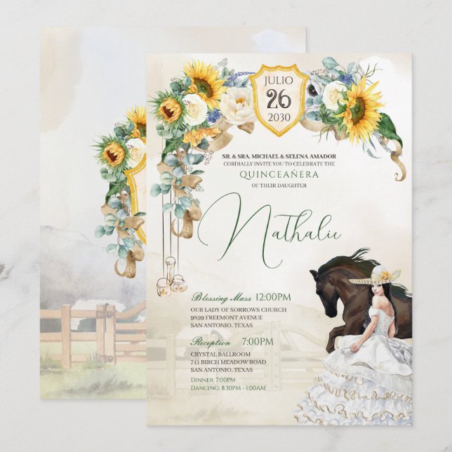 Sonnenblumen Weißrosen Western Charra Quinceanera Einladung (Vorne/Hinten)