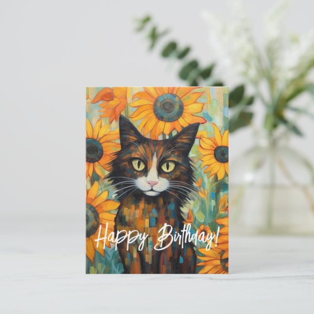 Sonnenblumen Whiskers Delight Cat Lover's Geburtst Postkarte (Stehend Vorderseite)