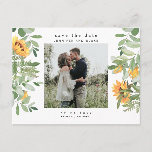 Sonnenblumen Whispers Foto Save the Date Postkarte (Vorderseite)