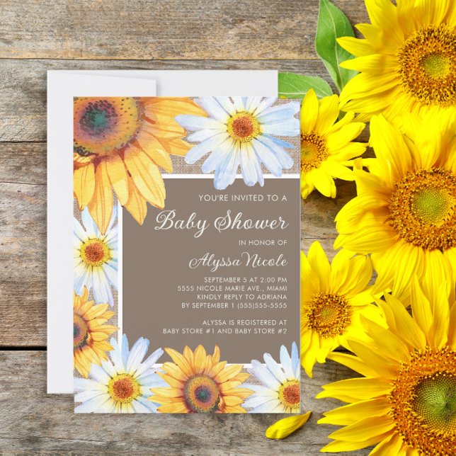 Sonnenblumen White Daisies Burlap Baby Dusche Einladung (Sunflowers and daisies rustic baby shower invitation)