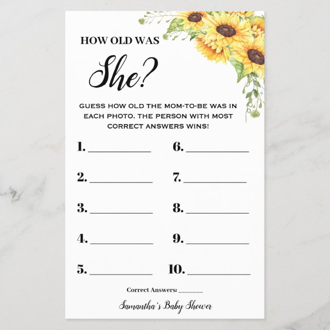 Sonnenblumen Wie alt war die "She Baby Shower Game Flyer (Vorne)