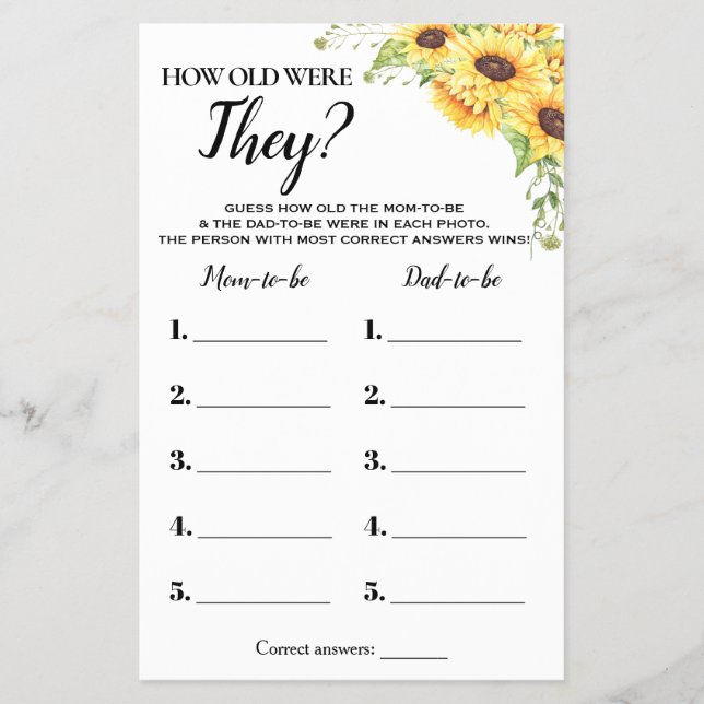 Sonnenblumen wie alt waren sie Baby Shower Game Ca Flyer (Vorne)