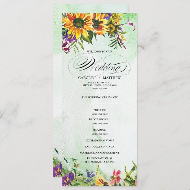 Sonnenblumen | Wild Meadow Wedding Program Cards Einladung (Vorne/Hinten)