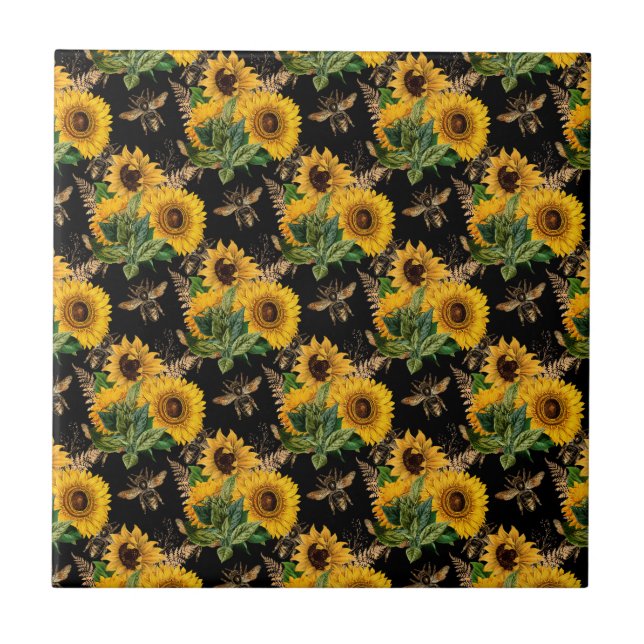 Sonnenblumen Yellow Black Bees Bouquet Fliese (Vorderseite)
