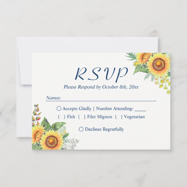 Sonnenblumen Yellow Navy Blue Rustic Wedding RSVP Karte (Vorderseite)